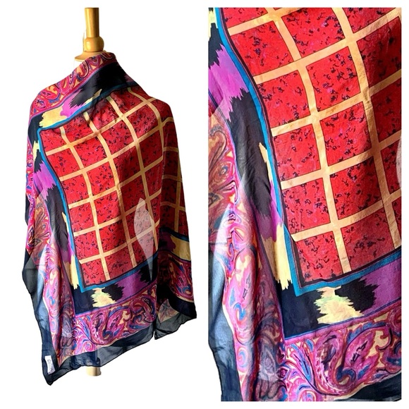 Vintage Gillian Maximalism Jewel tone Paisley Large Square Silk Scarf - Picture 3 of 8